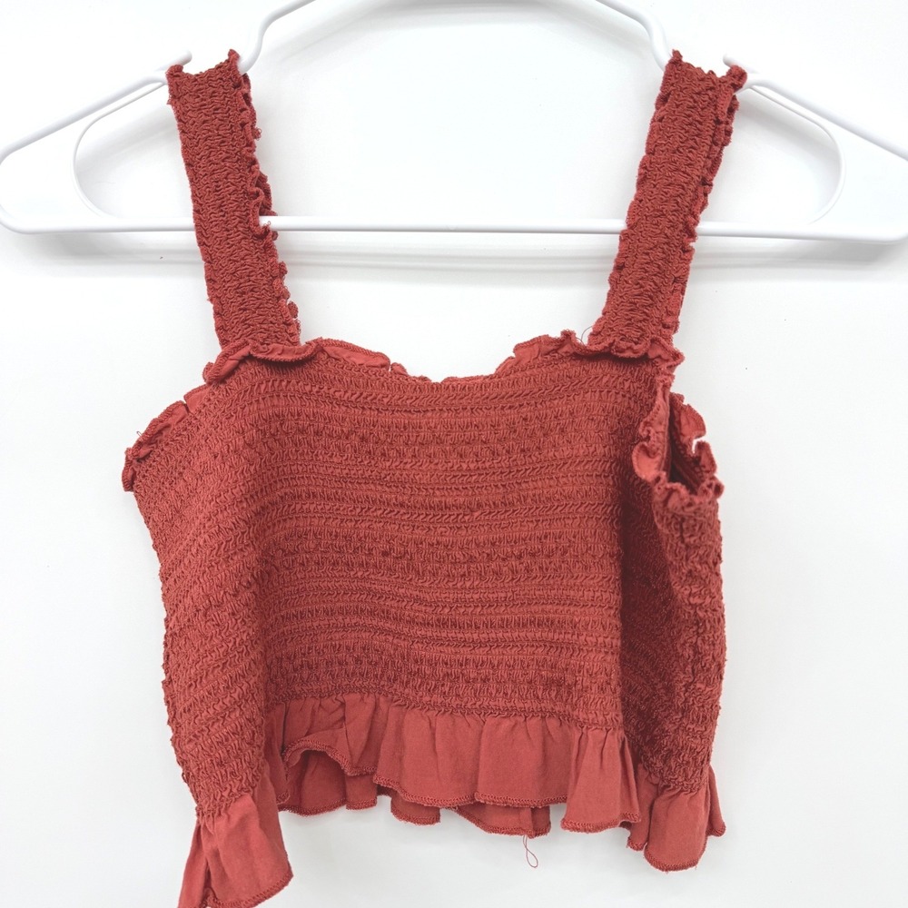 Project 28 Smocked Ruffle Boho Festival Y2K Crop Tank Top Womens Medium Rust